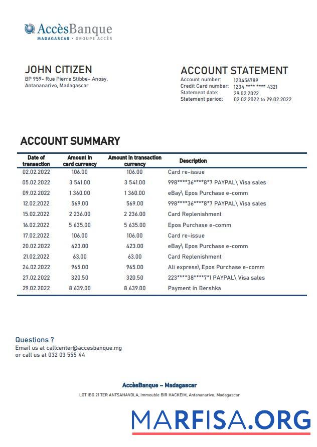 Realistic Madagascar Acces Banque bank statement word example
